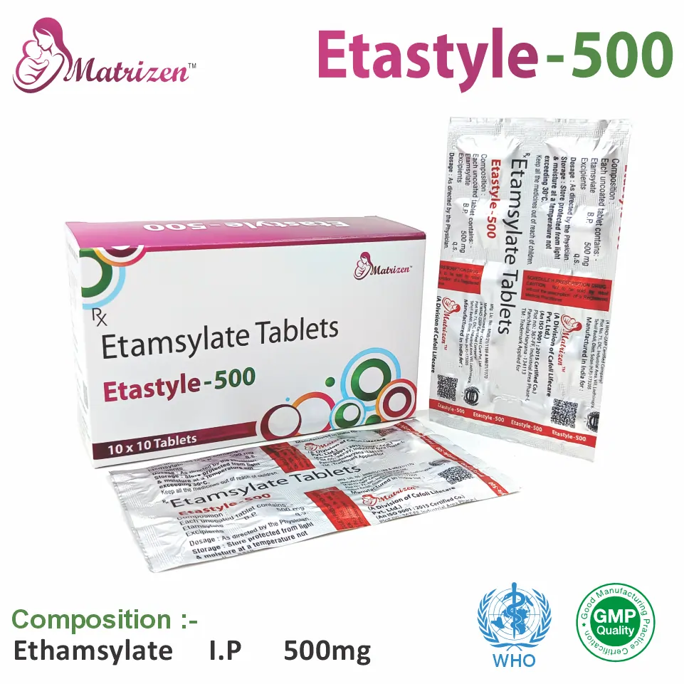 Ethamsylate (500mg) Tablet at the best price in PCD Pharma Franchise for Hemostatic Agent, Bleeding Disorders, and Menorrhagia Treatment.